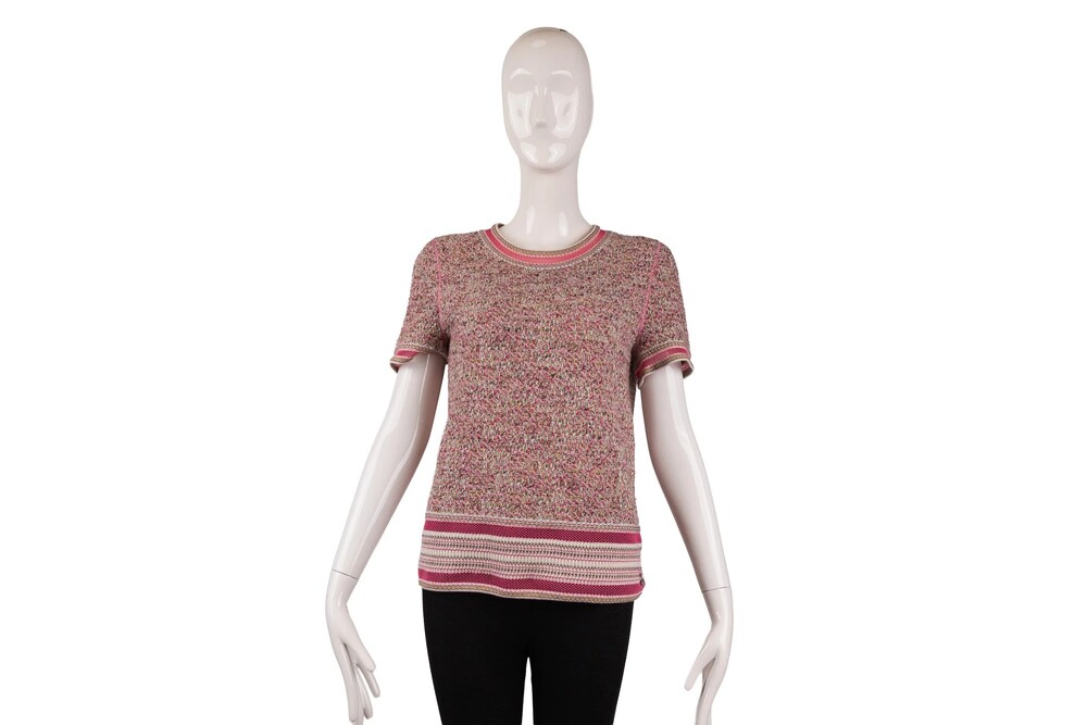 Chanel Pink Green Short Sleeve Sweater Crochet Knit Size 38